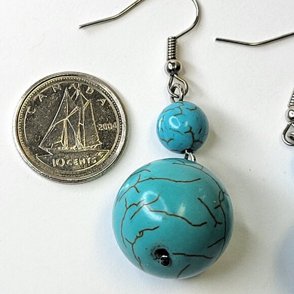 Double Bead Drop Dangle Blue Earrings - Picture 4 of 8